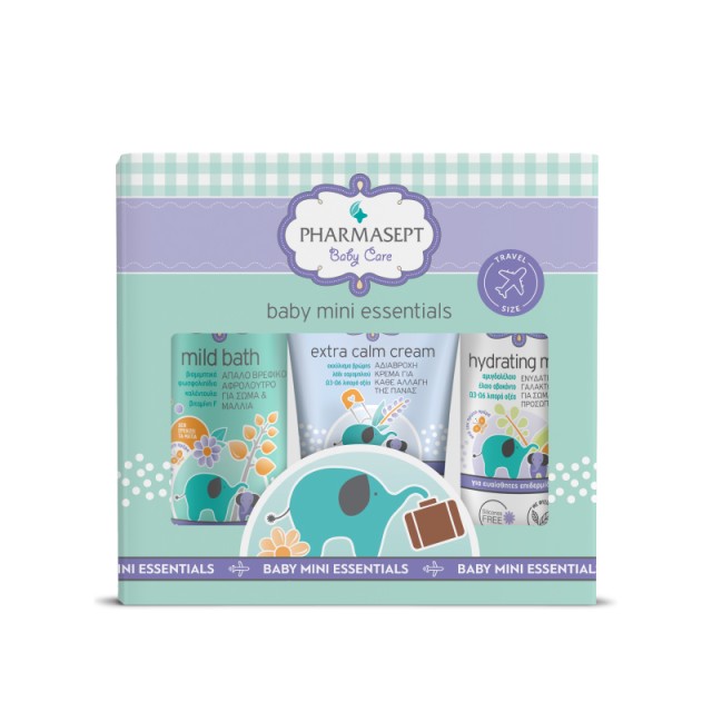 Pharmasept Baby Care Mini Essentials Σετ Περιποίησης Βρέφους με Baby Care Mild Bath Απαλό Βρεφικό Αφρόλουτρο 100ml + Extra Calm Cream Κρέμα Αλλαγής Πάνας 40ml + Hydrating Milk Ενυδατικό Γαλάκτωμα 40ml