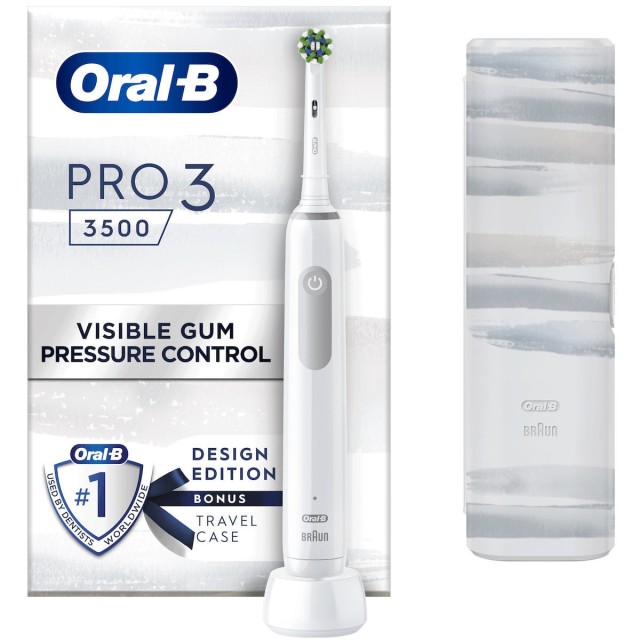 Oral-B Pro 3 3500 Ηλεκτρική Οδοντόβουρτσα με Αισθητήρα Πίεσης και Θήκη Ταξιδίου White Edition, 1 Τεμάχιο