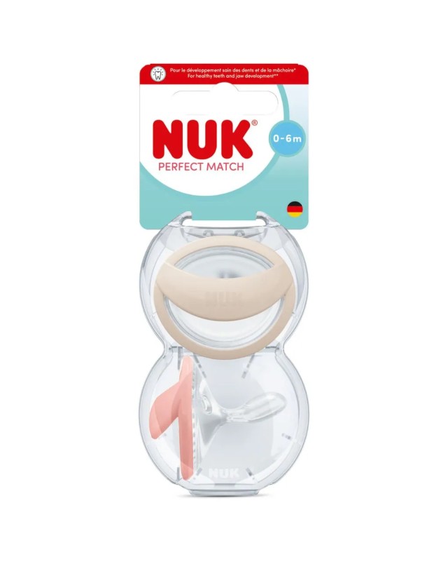 NUK Perfect Match Πιπίλα Σιλικόνης με Θήκη 0-6m Μπεζ/Κόκκινο, 2 Τεμ...
