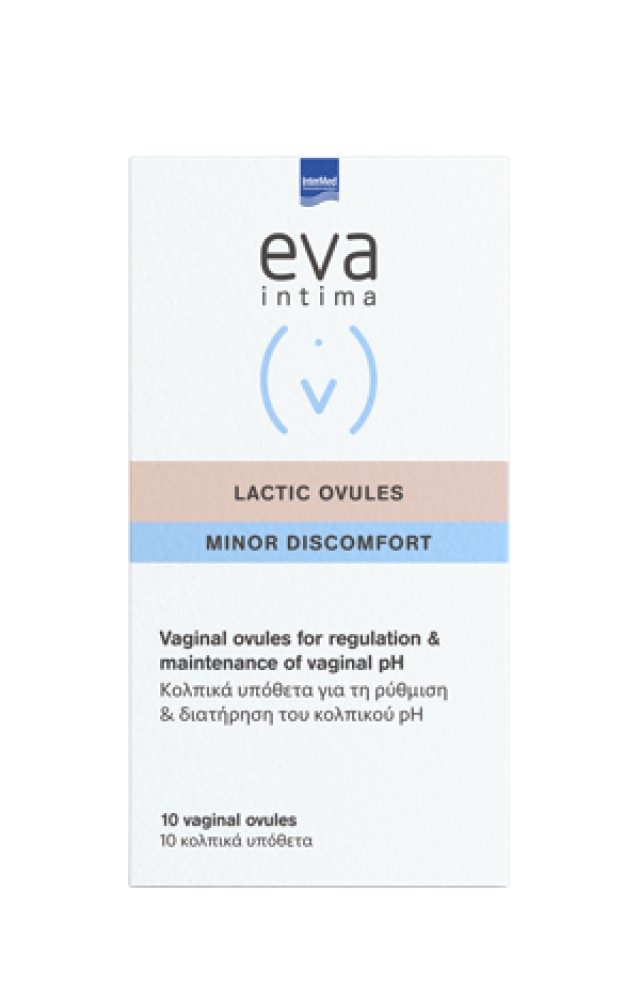Eva Intima Lactic Ovules Minor Discomfort pH 3.8 Για Τη Ρύθμιση - Διατήρηση του Φυσιολογικού Κολπικού pH, 10 Κολπικά Υπόθετα