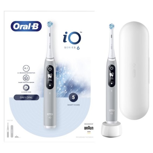 Oral-B iO Series 6 Ηλεκτρική Οδοντόβουρτσα με Αισθητήρα Πίεσης και Θήκη Ταξιδίου Gray Opal, 1τεμάχιο