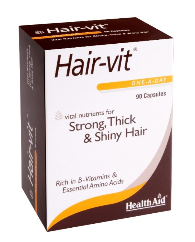 Health Aid Hair-Vit Συμπλήρωμα Διατροφής με Βιταμίνες, Μέταλλα, Ιχνοστοιχεία & Αμινοξέα για Υγιή Μαλλιά, 90 Κάψουλες