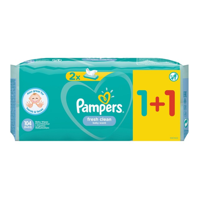 Pampers Fresh Clean Μωρομάντηλα χωρίς Οινόπνευμα (1+1 Δώρο), 2x52τμχ
