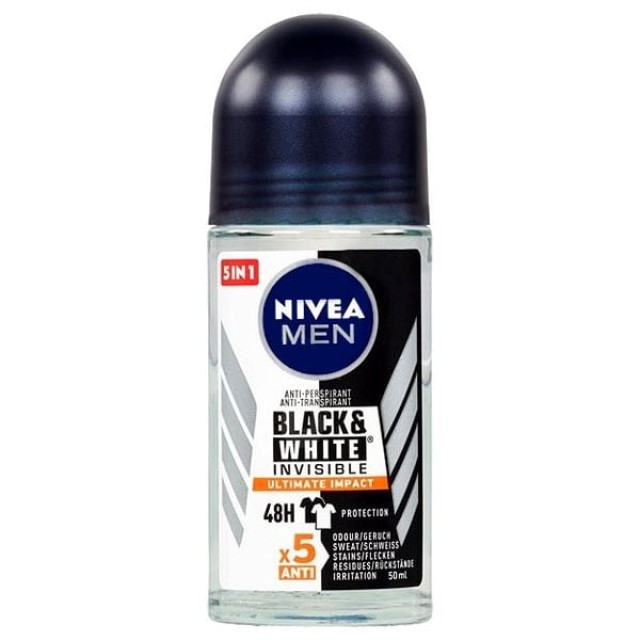 Nivea Men Black & White Invisible Ultimate Impact Ανδρικό Αποσμητικό Roll-on 48ωρης Προστασίας, 50ml