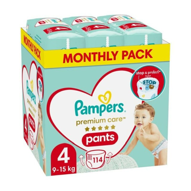 Pampers Premium Care No.4 Monthly Pack (9-15kg) Βρεφικές Πάνες Βρακάκι, 114τμχ
