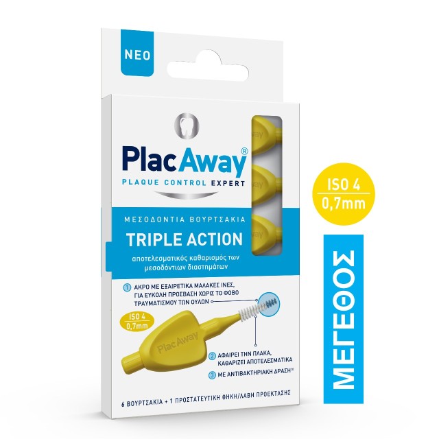 Plac Away Triple Action Μεσοδόντια Βουρτσάκια 0.7mm σε χρώμα Κίτρινο 6τμχ