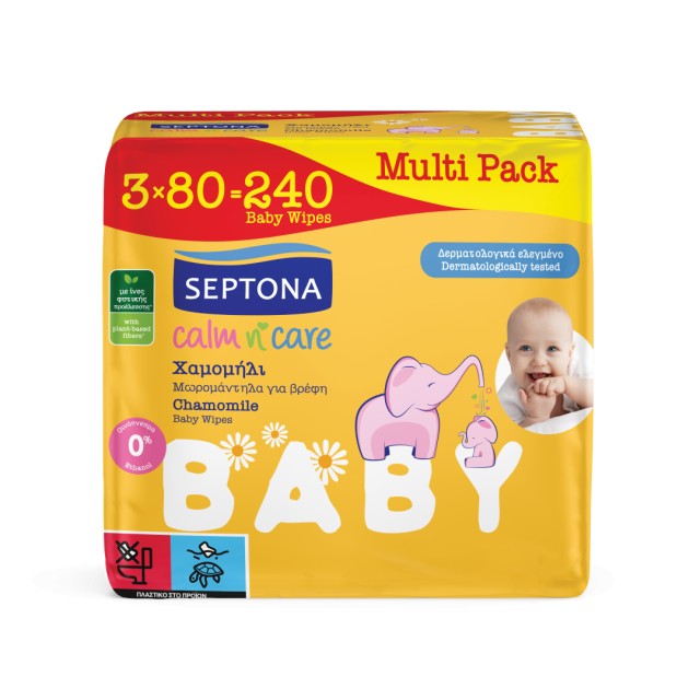 Septona Calm n Care Μωρομάντηλα για Βρέφη με Χαμομήλι Multipack, 3x80τμχ