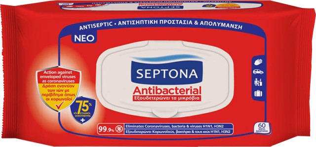 Septona Antibacterial Μαντηλάκια Χεριών Με Αιθυλική Αλκοόλη 75%, 60 Τεμάχια