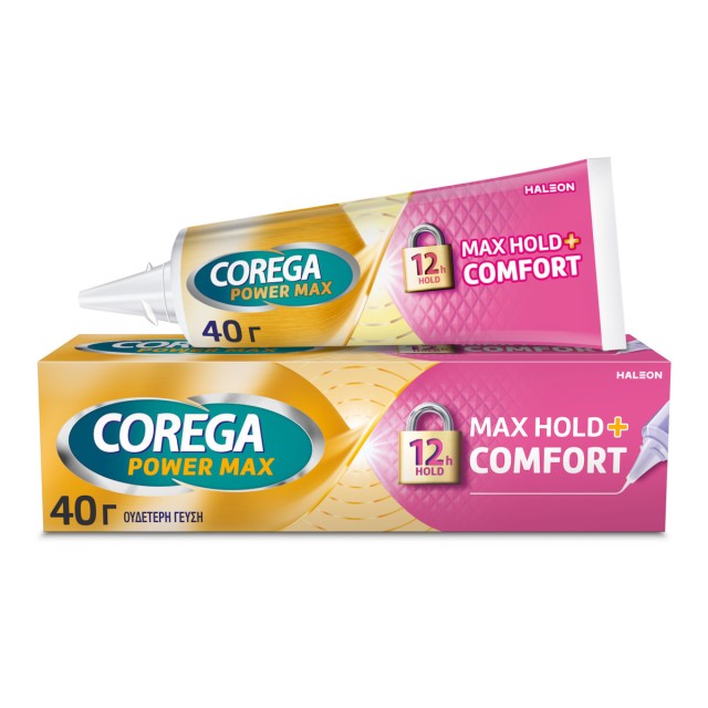 Corega Max Hold+Comfort, Στερεωτική Κρέμα Τεχνητής Οδοντοστοιχίας για έως και 12 ώρες συγκράτησης, 40gr