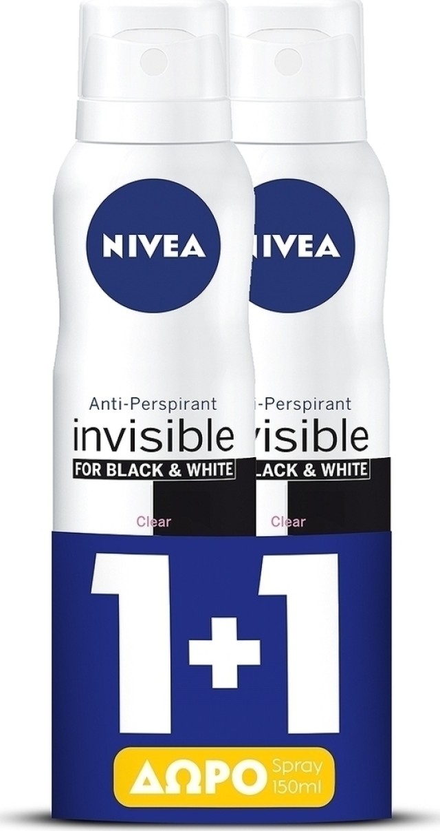 Nivea Black & White Invisible Clear Γυναικείο Αποσμητικό Spray 48ωρης Προστασίας 1+1 ΔΩΡΟ, 2x150ml