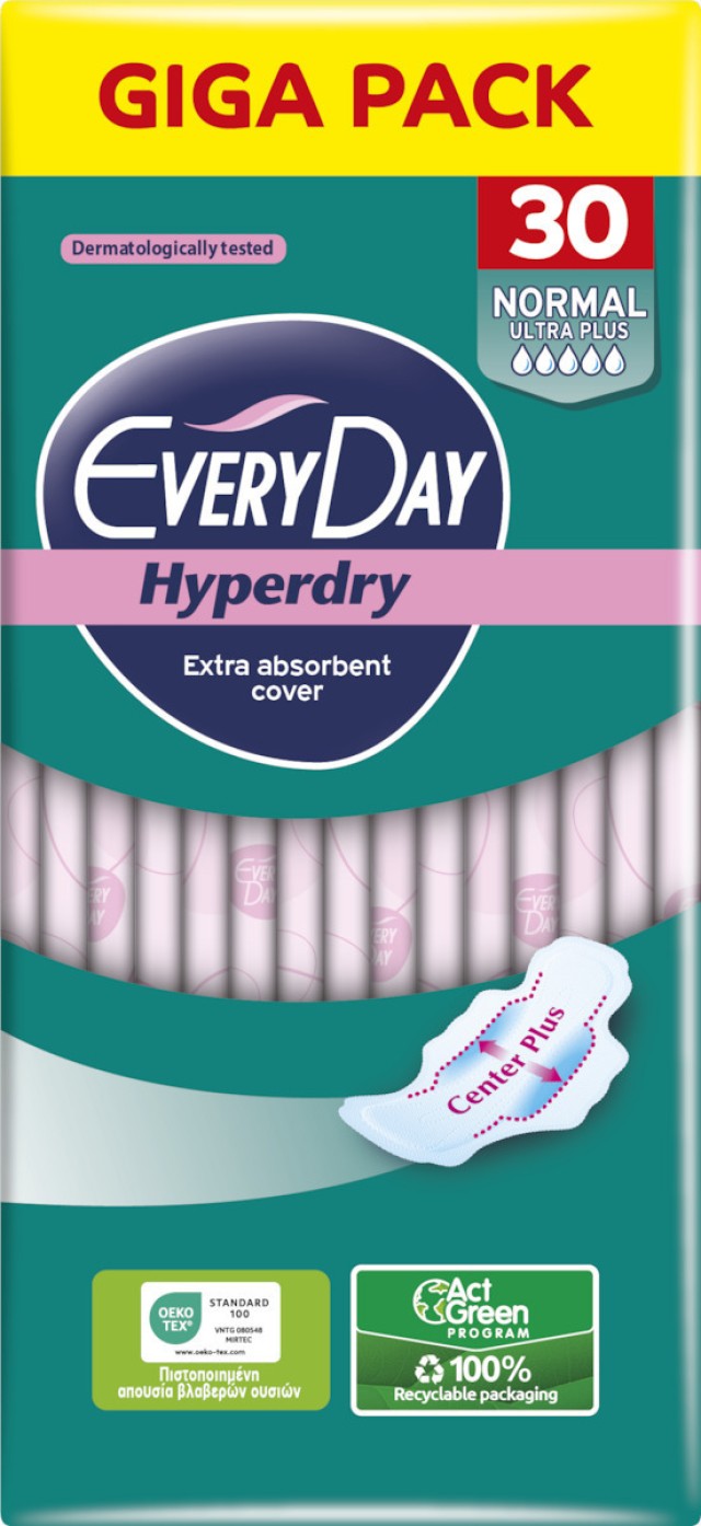 Every Day Hyperdry Normal Ultra Plus Giga Pack Κανονικού Μήκους Λεπτές Σερβιέτες Με Φτερά Προστασίας & Βαμβάκι, 30 Τεμάχια