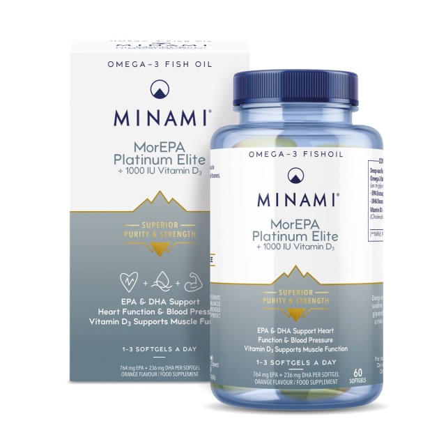 Minami MorEPA Platinum Elite + Vitamin D3 1000IU Συμπλήρωμα Διατροφής Υψηλής Καθαρότητας Με Ω3 Λιπαρά Οξέα Και Βιταμίνη D, 60 Μαλακές Κάψουλες