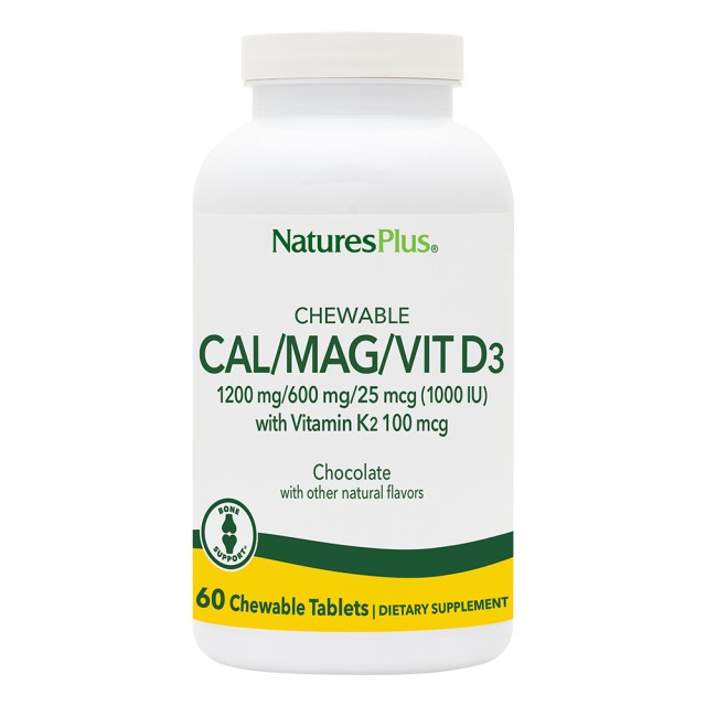 Natures Plus Cal/Mag/Vit D3 with Vitamin K2 Με Γεύση Σοκολάτα, 60 Μασώμενες Ταμπλέτες