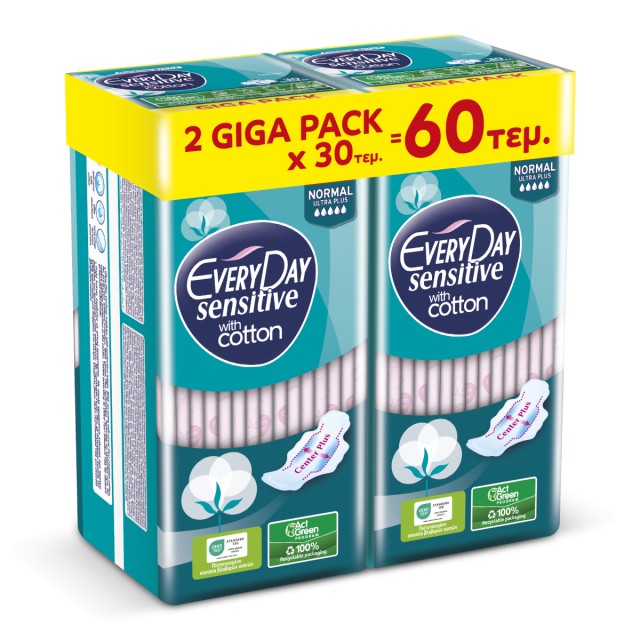 Everyday Σερβιέτες Sensitive Cotton Normal Ultra Plus Giga Pack Σερβιέτες Κανονικού Μήκους Με Φτερά Και Βαμβάκι, 60 Τεμάχια (2x30)