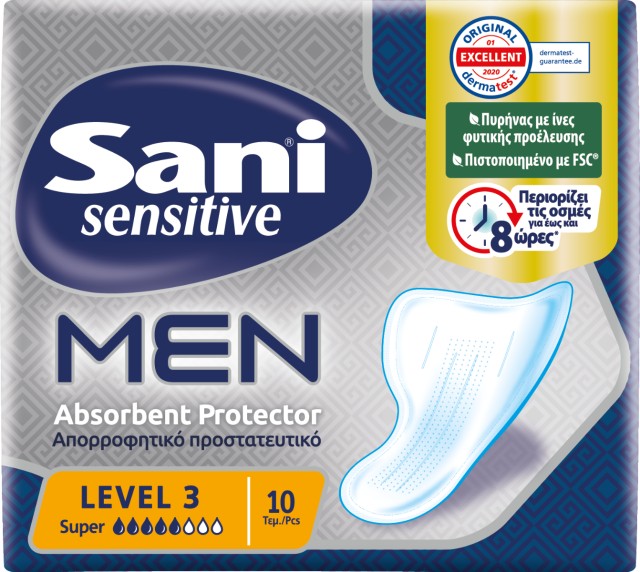 Sani Sensitive Men Super Level 3 Απορροφητικά Προστατευτικά Επιθέματα Ακράτειας για τον Άνδρα, 10 Τεμάχια