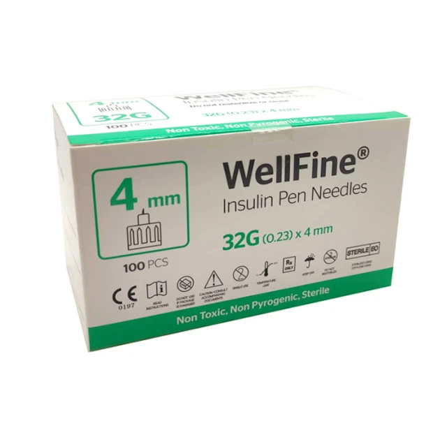 WellFine Insulin Pen Needles 32G x 4mm, 100 Pieces