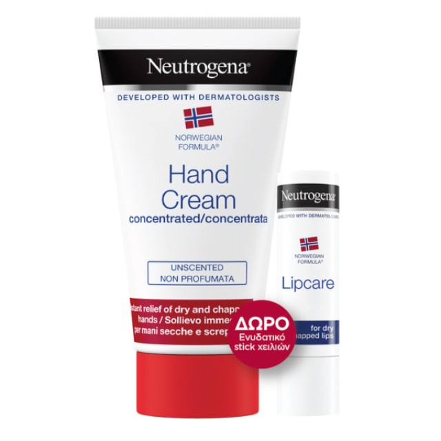 Neutrogena Πακέτο Προσφοράς με Hand Cream Ενυδατική Κρέμα Χεριών Χωρίς Άρωμα 75ml (& Δώρο Lip Moisturizer Ενυδατικό Στικ Χειλιών 4,8gr)