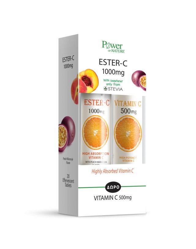 Power of Nature Set Συμπλήρωμα Διατροφής με Στέβια Ester C 1000mg με Γεύση Ροδάκινο & Δώρο Vitamin C 500mg με Γεύση Πορτοκάλι, 20+20 Αναβράζοντα Δισκία
