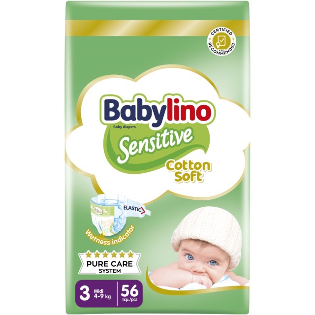 Babylino Sensitive Cotton Soft Bρεφική Πάνα No3 4-9 Kg Value Pack, 56 Τεμάχια