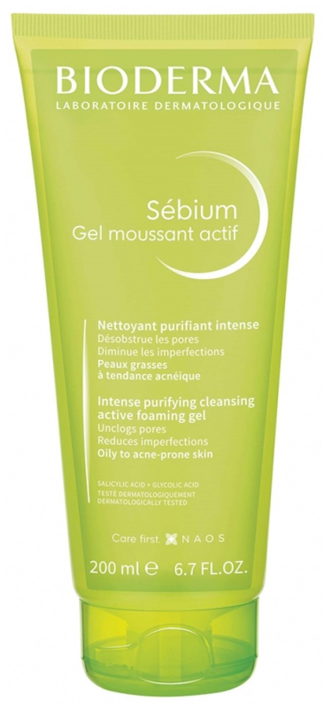 Bioderma Sebium Gel Moussant Actif Intense Purifying Cleansing Active Foaming Gel Αφρίζον Τζελ Καθαρισμού για Μεικτές & Λιπαρές Επιδερμίδες με Τάση Ακμής, 200ml