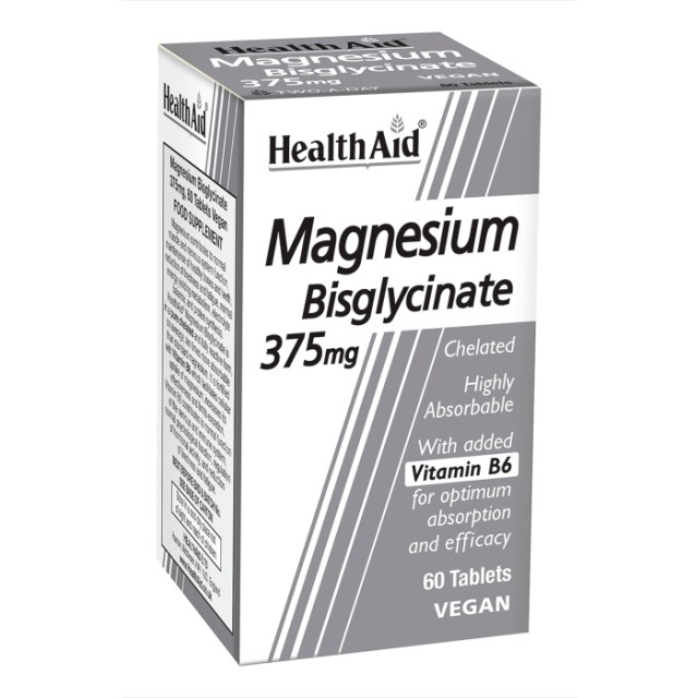 Health Aid Magnesium Bisglycinate 375mg Συμπλήρωμα Διατροφής με Μαγνήσιο Δισγλυγινικό & Βιταμίνη Β6 για Υγιές Κυκλοφορικό & Μυικό Σύστημα, 60 Ταμπλέτες