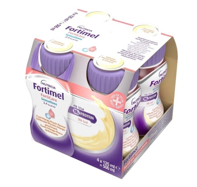 Nutricia Fortimel Forticare Sensations Υπερπρωτεϊνικό Ρόφημα με Γεύση Μάνγκο Ροδάκινο, 4 x 125ml