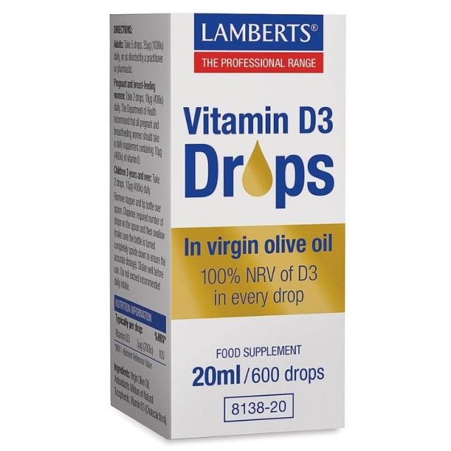Lamberts Vitamin D3 Drops Συμπλήρωμα Διατροφής Βιταμίνης D3 20ml / 600, Σταγόνες