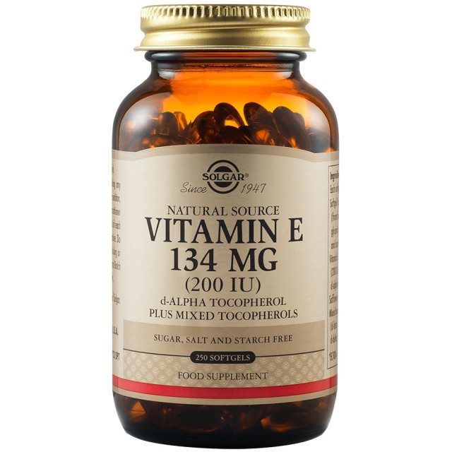 Solgar Vitamin E 134 mg 200 IU Συμπλήρωμα Διατροφής Βιταμίνης Ε, 250 Μαλακές Κάψουλες