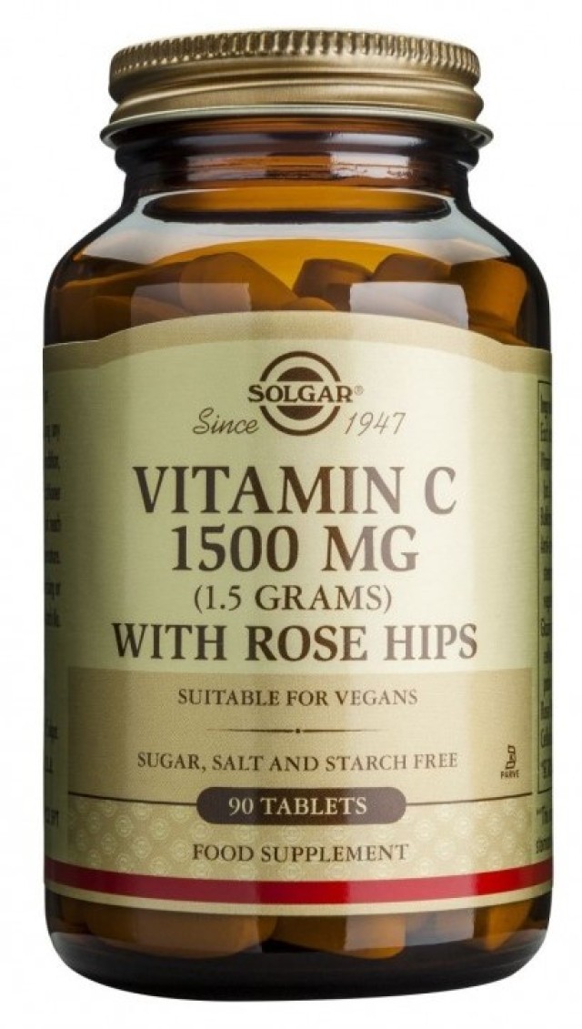Solgar Vitamin C With Rose Hips 1500mg Συμπλήρωμα Διατροφής Με Βιταμίνη C, 90 Ταμπλέτες