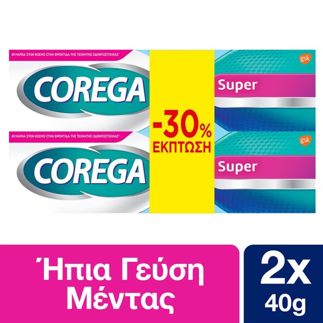 Corega Super Κρέμα για Τεχνητή Οδοντοστοιχία με Γεύση Μέντα 1 & 1 Δώρο 2x40g PR(-30% ΣΤΑ 2ΤΜΧ)
