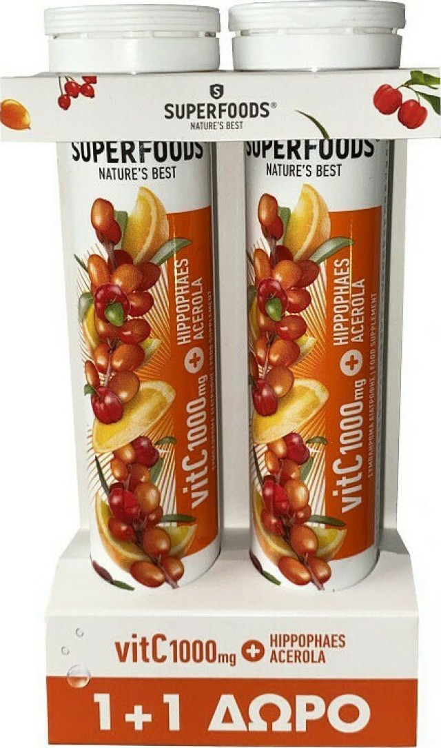 Superfoods PROMO Vitamin C 1000mg Hippophaes Acerola Συμπλήρωμα Διατροφής για το Κρυολόγημα - Ανοσοποιητικό 20 Αναβράζοντα Δισκία (1+1 Δώρο)