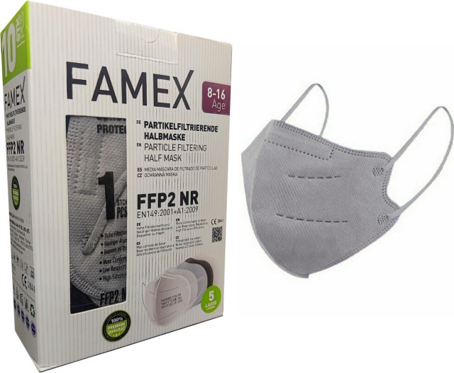 Famex Mάσκα Προστασίας FFP2 Γκρι για Πιαιδια 9-16 Ετών, 10 Τεμάχια