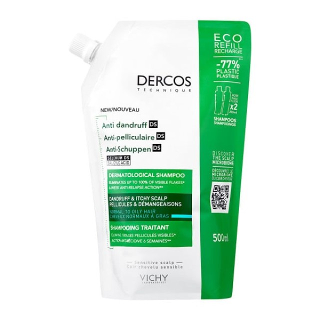Vichy Dercos Eco Refill  Αντιπιτυριδικό Σαμπουάν για Κανονικά-Λιπαρά Μαλλιά, 500 ml