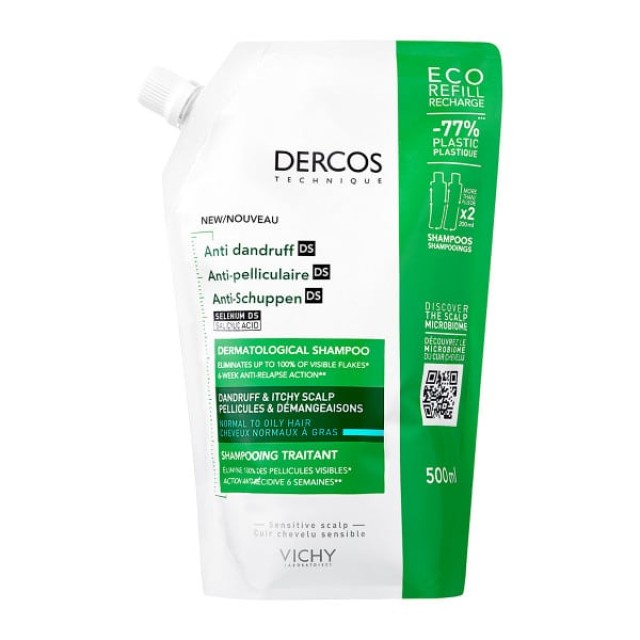 Vichy Dercos Eco Refill Αντιπιτυριδικό Σαμπουάν για Κανονικά-Λιπαρά Μαλλιά, 500 ml