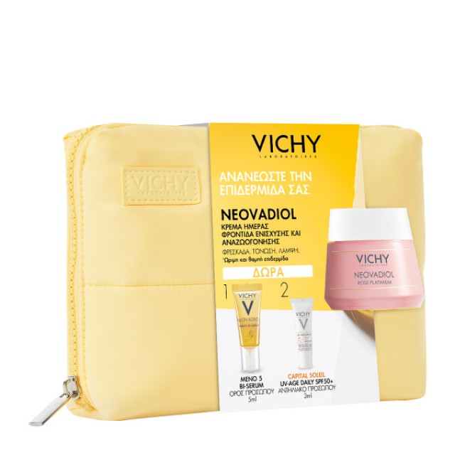 Vichy Promo Neovadiol Rose Platinium, αντιρυτιδική κρέμα ημέρας για ώριμη επιδερμίδα 50ml. ΔΩΡΟ ολοκληρομένο πρωτόκολλο περιποίησης με ορό Neovadiol Meno 5 Bi-Serum 5ml & αντηλιακό προσώπου Capital Soleil UV Age Daily spf 50+ 3ml σε μοντέρνο τσαντάκι