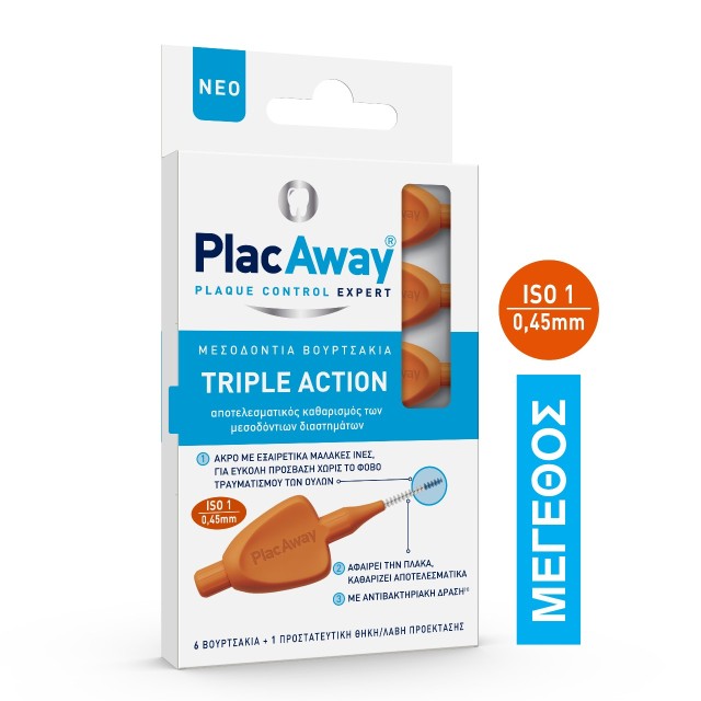 Plac Away Triple Action Μεσοδόντια Βουρτσάκια 0.45mm σε χρώμα Πορτοκαλί 6τμχ