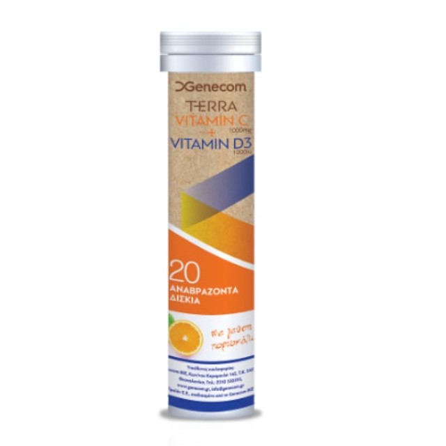 Terra Vitamin C 1000mg & Vitamin D3 1000IU Γεύση Πορτοκάλι, 20 Αναβράζοντα Δισκία