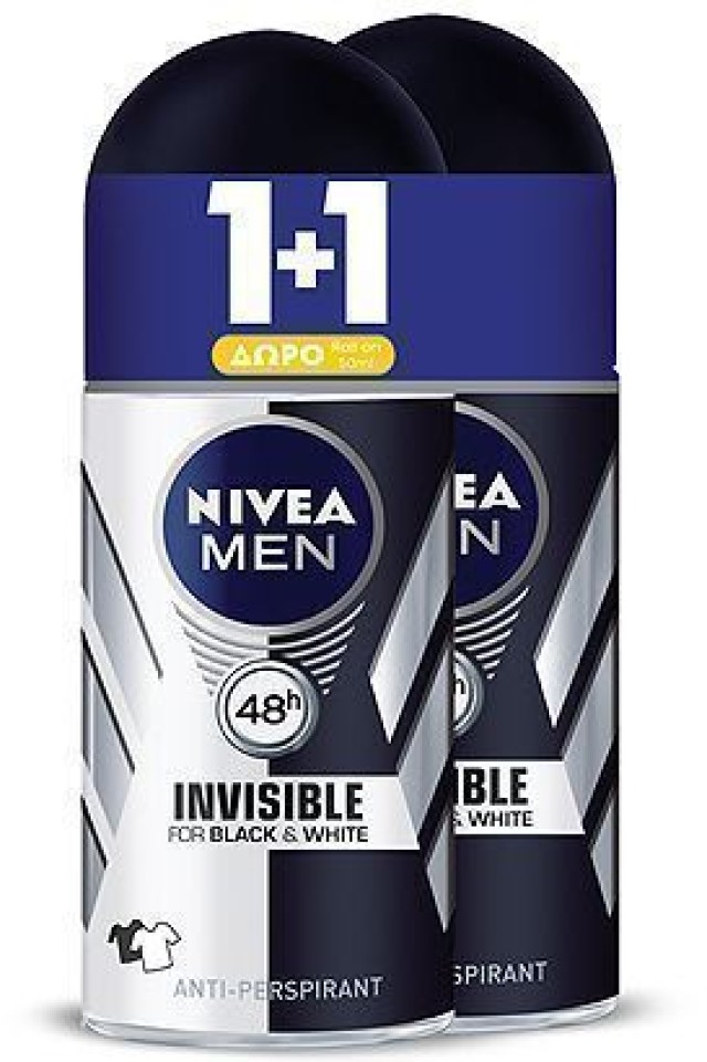 Nivea Men Black & White Invisible Ανδρικό Αποσμητικό Roll-on 48ωρης Προστασίας 1+1 ΔΩΡΟ, 2x50ml