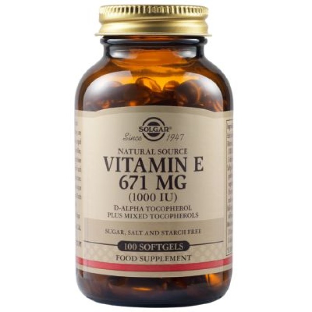 Solgar Natural Vitamin E 671 mg 1000 IU Συμπλήρωμα Διατροφής Βιταμίνης Ε, 100 Μαλακές Κάψουλες