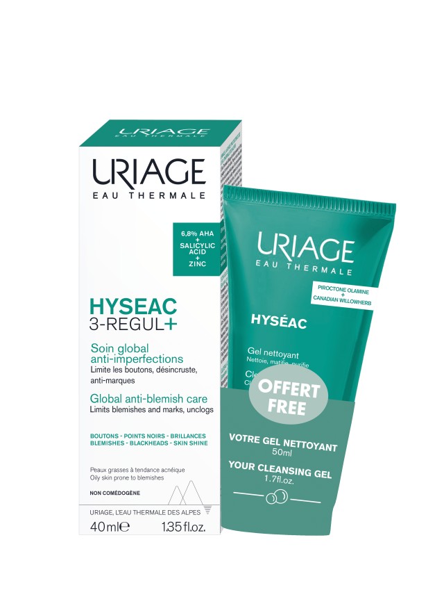 Uriage Promo Hyseac 3-Regul+ Anti-Blemish Global Care 40ml Κρέμα Προσώπου Για Μαύρα Στίγματα Και Ατέλειες & Δώρο Cleansing Gel Καθαρισμού Για Απομάκρυνση Ρύπων & Σμήγματος 50ml, 1 Σετ