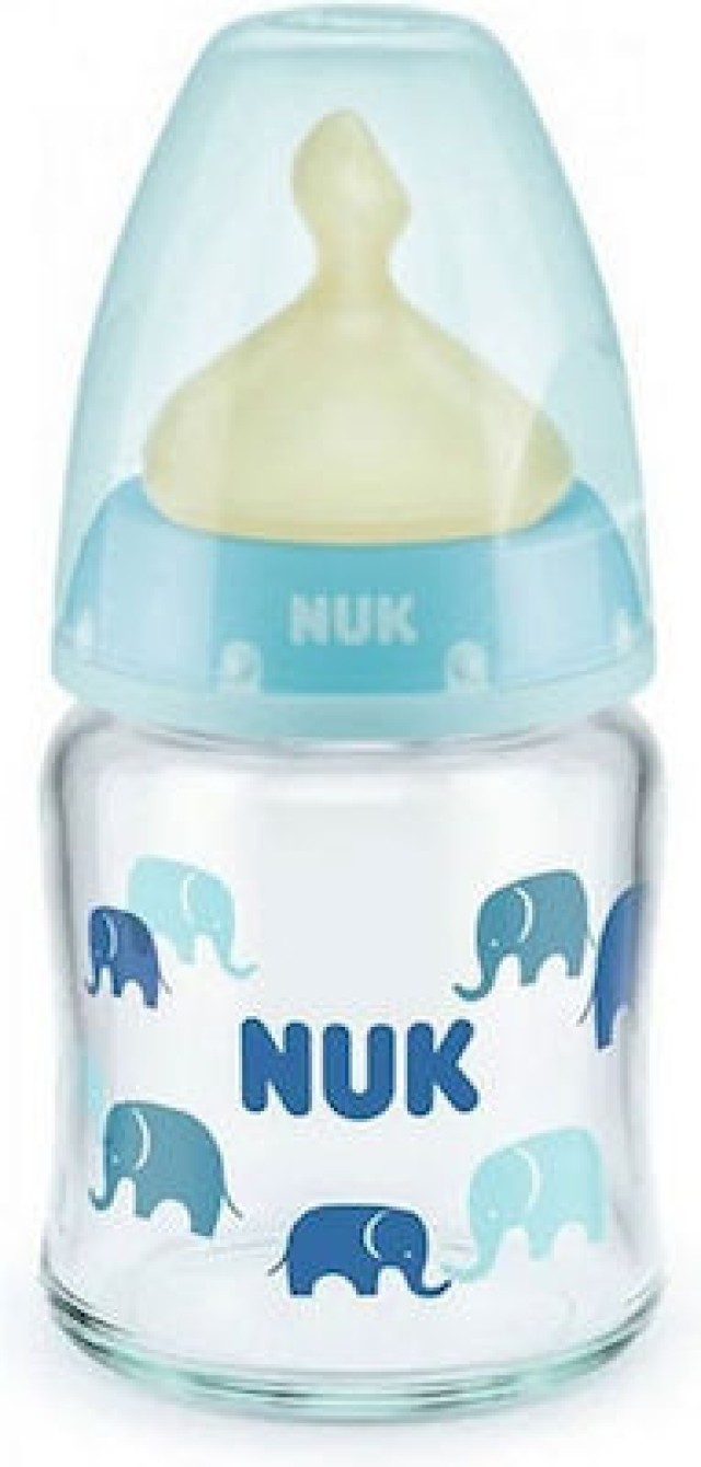 Nuk First Choice Plus Γυάλινο Μπιμπερό με Θηλή Σιλικόνης & Δείκτη Ελέγχου Θερμοκρασίας 0-6m Σιελ 120 ml, 1 τεμάχιο