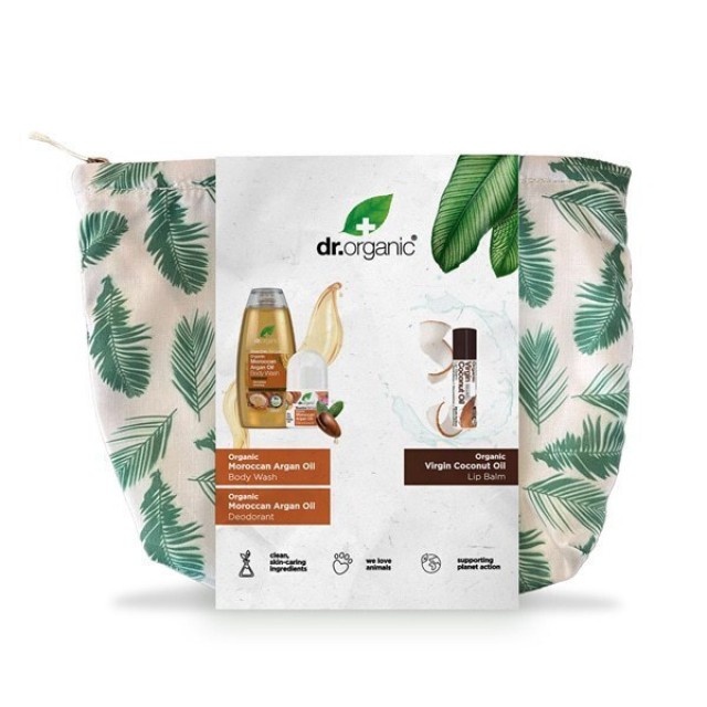 Dr Organic Promo Moroccan Argan Oil Body Wash Αφρόλουτρο 250ml & Deodorant Αποσμητικό 50ml & Virgin Coconut Oil Lip Balm Βάλσαμο Χειλιών Spf15, 5.7ml & Δώρο Νεσεσέρ
