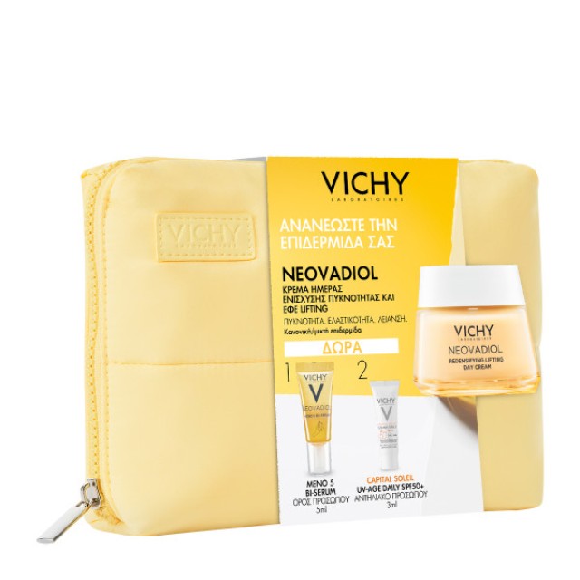 Vichy Promo Neovadiol Redensifying Cream αντιγηραντική κρέμα ημέρας για ενίσχυση πυκνότητας & εφέ lifting 50ml. ΔΩΡΟ ολοκληρομένο πρωτόκολλο περιποίησης με ορό Neovadiol Meno 5 Bi-Serum 5ml & αντηλιακό προσώπου Capital Soleil UV Age Daily spf 50+ 3ml σε μ