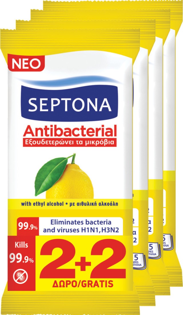 Septona Antibacterial Αντιβακτηριδιακά Μαντηλάκια Χεριών 2 & 2 Δώρο Λεμόνι 60τμχ