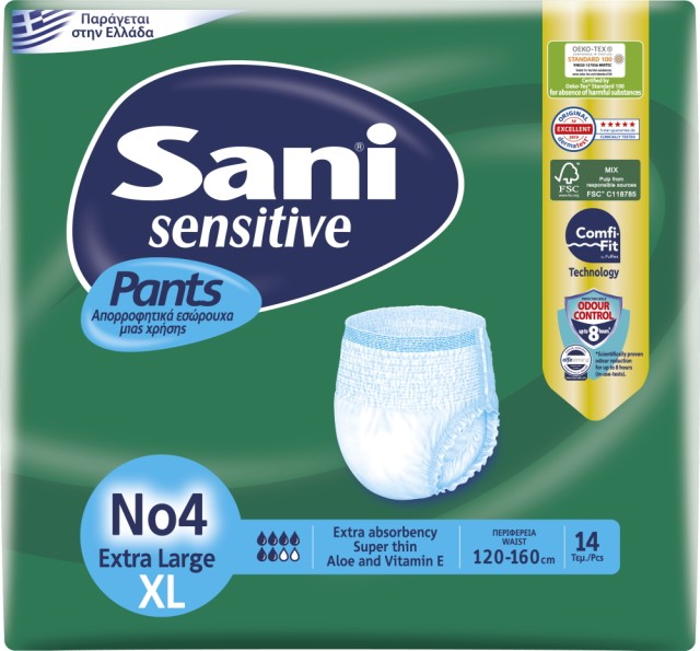 Sani Sensitive Pants - No4 Extra Large Ελαστικό Εσώρουχο Ακράτειας, 14 Τεμάχια