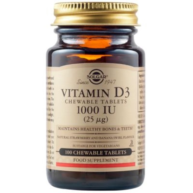 Solgar Vitamin D3 1000iu Strawberry-Banana Συμπλήρωμα Διατροφής Βιταμίνης D3, 100 Μασώμενα Δισκία