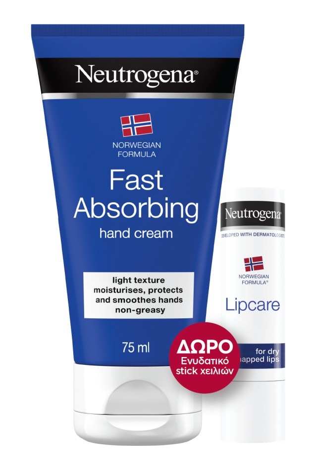 Neutrogena Πακέτο Προσφοράς με Fast Absorbing Hand Cream Κρέμα Χεριών Άμεσης Απορρόφησης, 75ml (& Δώρο Lip Moisturizer Ενυδατικό Στικ Χειλιών 4,8gr)