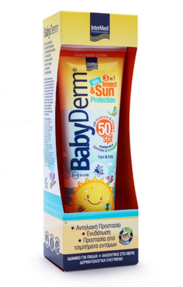 BabyDerm Insect & Sun Protection SPF50 3 σε 1 Παιδικό Αντηλιακό Γαλάκτωμα με Εντομοαπωθητική Δράση, 300ml