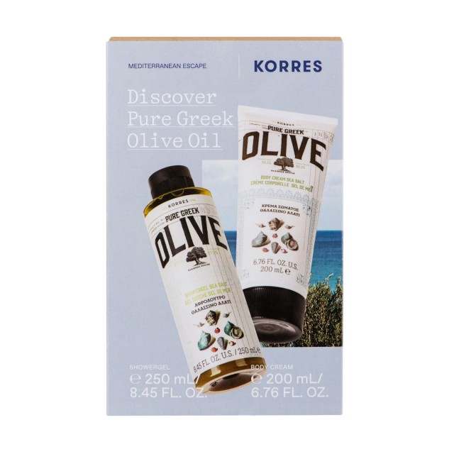 Korres Discover Pure Greek Olive Oil Σετ Περιποίησης Για Καθαρισμό Σώματος Με Αφρόλουτρο Θαλασσινό Αλάτι 250ml & Κρέμα Σώματος 200ml, 1 Σετ
