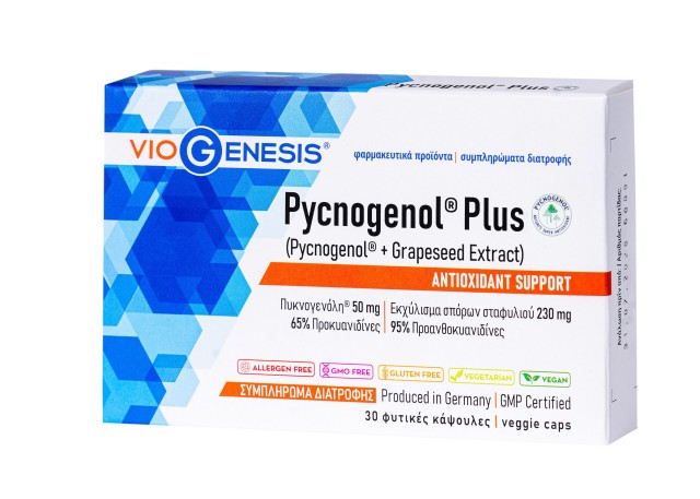 VioGenesis Pycnogenol Plus Συμπλήρωμα διατροφής με Πυκνογενόλη 50 mg και Εκχύλισμα σπόρων σταφυλιού 230 mg, 30 caps